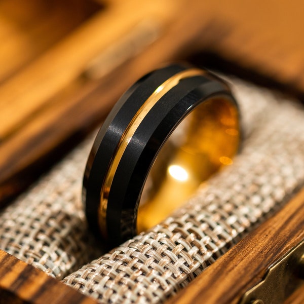 Black and Gold Wedding Band for Men, 24k Gold Tungsten Engagement Ring, Black Ring for Men with Gold Trim, Gold and Black Ring