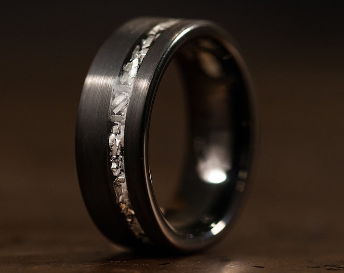 Meteorite Inlay Ring, Crushed Meteorite Tungsten Band with Black Finish, Mens Black Wedding Band with Stone Inlay, Black Wedding Ring