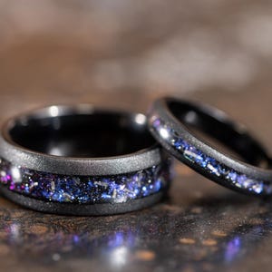 Brushed Black Wedding Bands with Meteorite Inlay, Couples Black Wedding Rings, Meteorite Rings for Men Women, Tungsten Rings