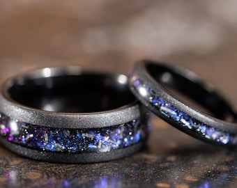 Brushed Black Wedding Bands with Meteorite Inlay, Couples Black Wedding Rings, Meteorite Rings for Men Women, Tungsten Rings