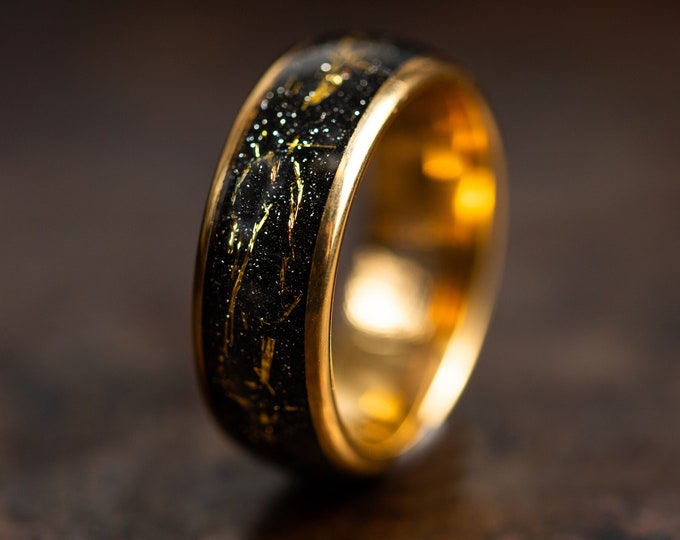 Gold Wedding Band with Meteorite Inlay, Gold Wedding Ring for Men Women with Meteorite, Polished Gold Tungsten Ring, Unique Wedding Band