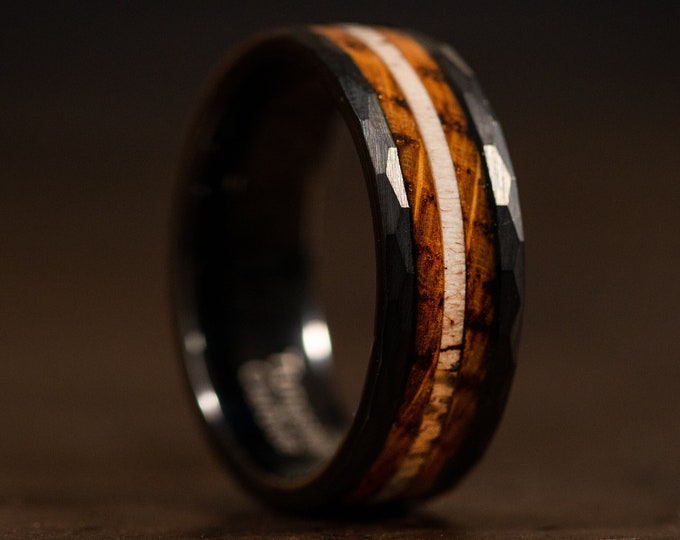 Black Wedding Band for Men with Wood and Antler Inlay, Black Ring for Men Women with Natural Wood Antler, 6mm 8mm Unique Black Wedding Ring