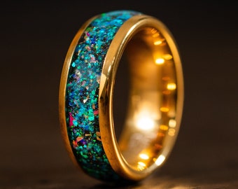 Galaxy Opal Gold Wedding Band with Free Engraving, Gold Wedding Ring with Opal, Blue Wedding Band for Men Women, 14k Gold Plated Ring