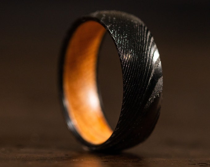 Wood Wedding Band, Whiskey Barrel Ring, Wooden Ring, Wood Ring, Wood Wedding Ring, Mens Wooden Ring, Mens Ring, Damascus Steel Wood Ring