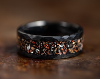 Black Wedding Band with Dinosaur Bone and Meteorite Inlay, Black Wedding Ring for Men or Women with Meteorite, Brushed Black Tungsten Ring
