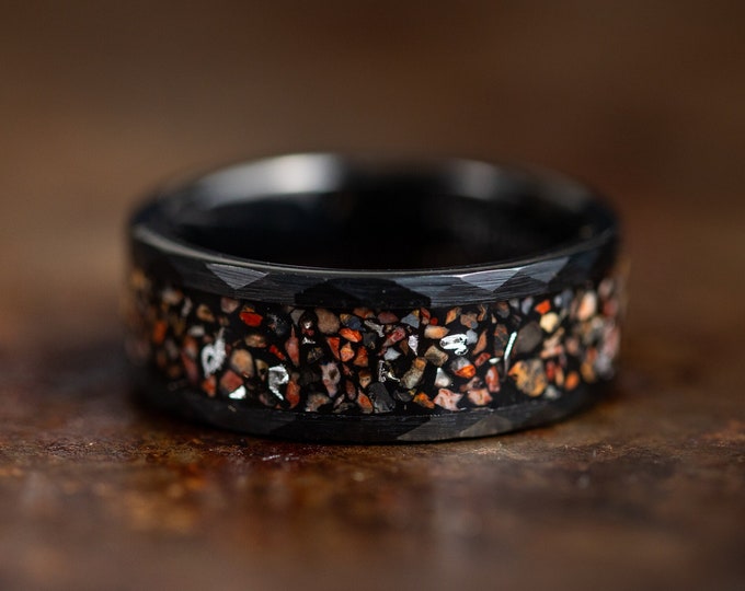 Black Wedding Band with Dinosaur Bone and Meteorite Inlay, Black Wedding Ring for Men or Women with Meteorite, Brushed Black Tungsten Ring