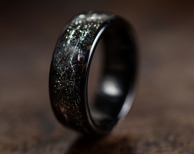 Black Wedding Band with Meteorite Inlay, Gold Wedding Ring for Men Women with Meteorite, Black Gold Tungsten Ring, Unique Wedding Band