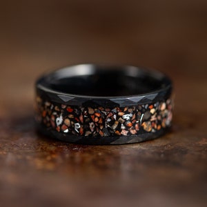 Black Wedding Band with Dinosaur Bone and Meteorite Inlay, Black Wedding Ring for Men or Women with Meteorite, Brushed Black Tungsten Ring