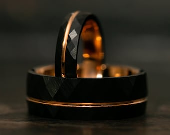 Schwarze Eheringe für Männer Frauen, 24K Rosegold facettierte Eheringe für Sie und Ihn, Ringe für Paare, Eheringe Set, 2er Set