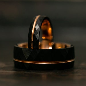 Black Wedding Rings for Men Women, 24K Rose Gold Faceted Wedding Bands for Him and Her, Couples Wedding Band Set, Couples Ring, Set of 2