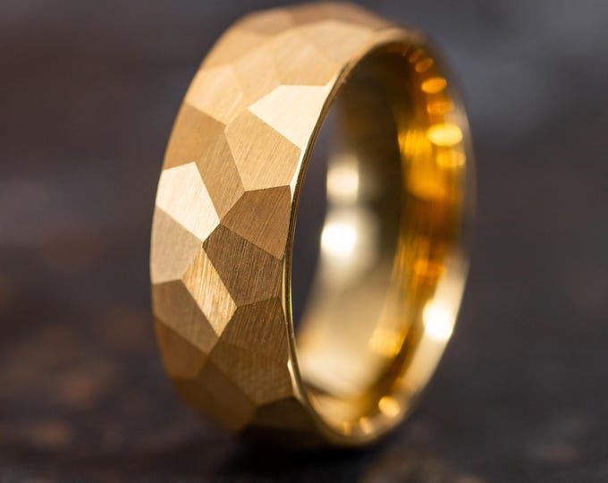 Gold Wedding Band with Hammered Brushed Texture, 18k Gold Ring, Unique Gold Rings for Him and Her, Brushed Gold Tungsten Bands