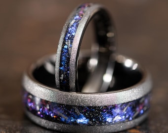 Sandblasted Gunmetal Gray Nebula Wedding Bands with Meteorite Inlay, Couples Gray Wedding Rings, Meteorite Rings for Men Women, Galaxy Rings