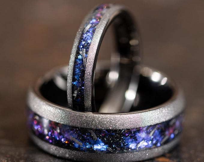 Sandblasted Gunmetal Gray Nebula Wedding Bands with Meteorite Inlay, Couples Gray Wedding Rings, Meteorite Rings for Men Women, Galaxy Rings