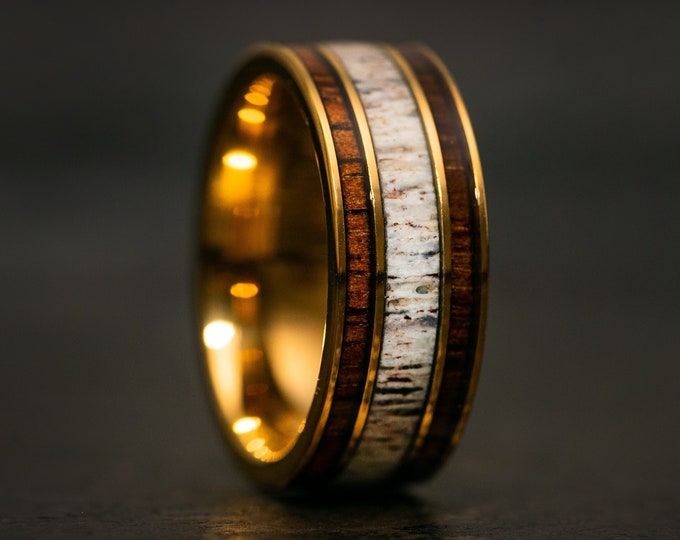 Gold Tungsten Wedding Band, Mens Gold Wedding Band with Antler, Whiskey Barrel Ring, Gold Ring for Men, Wooden Jewelry, Gold Engagement Band
