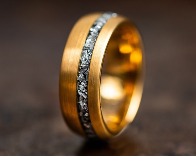 Brushed Gold Wedding Band with Meteorite Inlay, Gold Wedding Ring for Men or Women with Meteorite, Brushed Gold Tungsten Ring