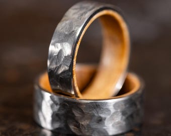 Hand Hammered Titanium Wedding Band with Wood Inlay, Wood Ring with Whiskey Barrel Wood, Wood Wedding Rings made from Titanium