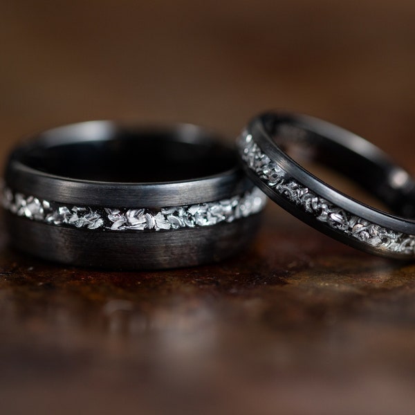 Brushed Black Wedding Bands with Meteorite Inlay, Couples Black Wedding Rings, Meteorite Rings for Men Women, Tungsten Rings