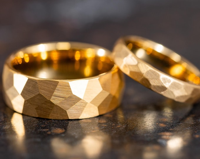 Gold Wedding Band with Hammered Brushed Texture, 18k Gold Ring, Unique Gold Rings for Him and Her, Brushed Gold Tungsten Bands