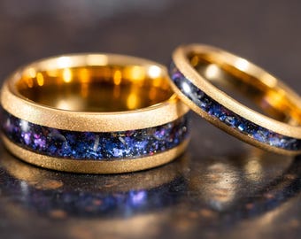 Sandblasted 18k Gold Nebula Wedding Band Set with Meteorite Inlay, Couples Gold Wedding Rings, Meteorite Rings for Men Women, Galaxy Rings