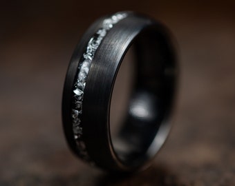 Brushed Black Wedding Band with Meteorite Inlay, Black Wedding Ring for Men or Women with Meteorite, Brushed Black Tungsten Ring