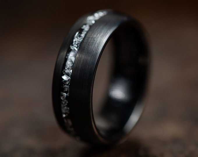 Brushed Black Wedding Band with Meteorite Inlay, Black Wedding Ring for Men or Women with Meteorite, Brushed Black Tungsten Ring