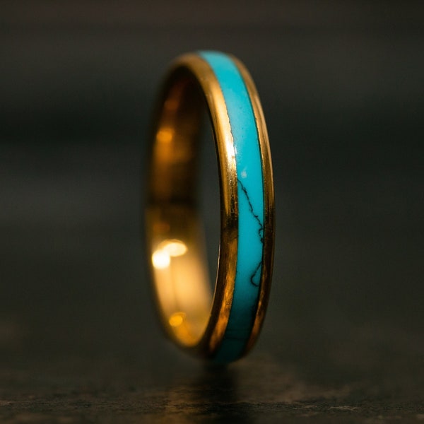 Womens Yellow Gold 18k Turquoise Ring, Gold Plated Turquoise Band for Women Girls, Handmade Turquoise Jewelry, Gold Ring