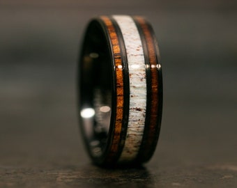 Black Wedding Band with Wood and Antler Inlay, Tungsten Wedding Band, 8mm , Black Engagement Ring for Men, Hunters Ring, Wood Wedding Ring