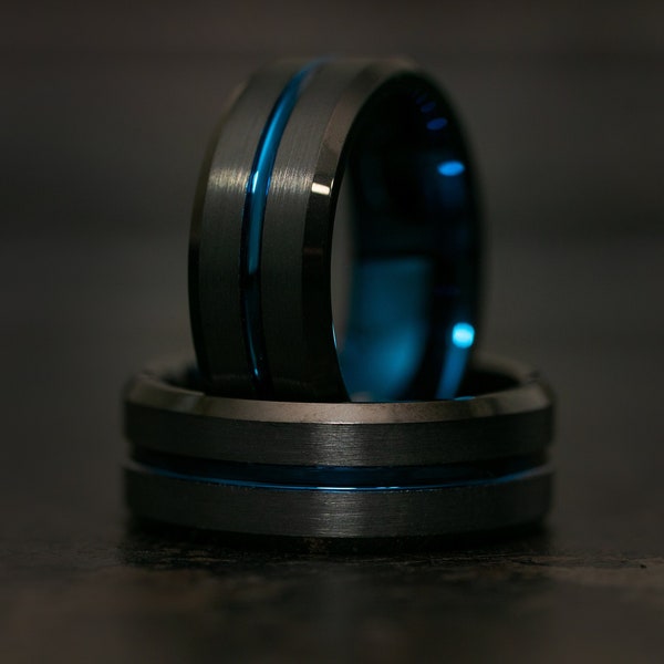 Black Tungsten Wedding Band with Blue Trim, Plain Black Engagement Ring for Men, Black and Blue Tungsten Ring