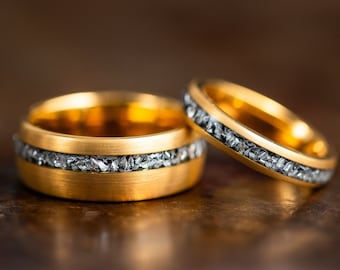 GOLD WEDDING Rings with Meteorite Inlay, 18k Brushed Gold Wedding Bands for Men Women, Couples Gold Wedding Bands with Meteorite