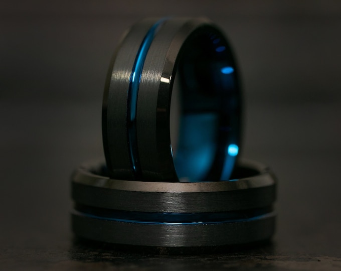 Black Tungsten Wedding Band with Blue Trim, Plain Black Engagement Ring for Men, Black and Blue Tungsten Ring