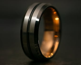 Silver Wedding Band with 24k Rose Gold Interior, Mens Engagement Ring Silver Black and Rose Gold, Unique Mens Wedding Band, Tungsten Ring