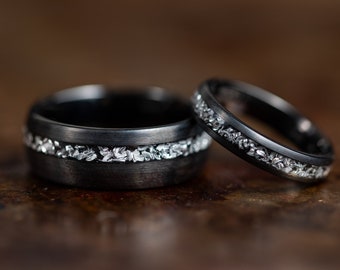 Brushed Black Wedding Bands with Meteorite Inlay, Couples Black Wedding Rings, Meteorite Rings for Men Women, Tungsten Rings