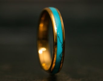 Womens Yellow Gold 18k Turquoise Ring, Gold Plated Turquoise Band for Women Girls, Handmade Turquoise Jewelry, Gold Ring