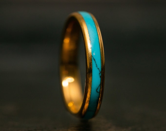 Womens Yellow Gold 18k Turquoise Ring, Gold Plated Turquoise Band for Women Girls, Handmade Turquoise Jewelry, Gold Ring