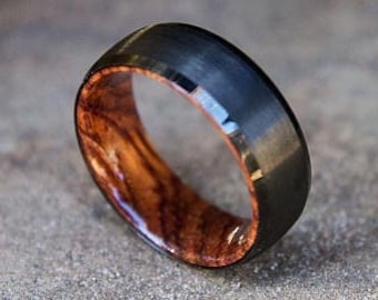 Koa Ring, Black Tungsten Ring, Hawaiian Wood Ring, Matte Black Ring, Wood Engagement Ring, Wedding Ring, Ring for Men, Mens Wedding Band