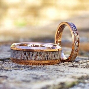 Rose Gold wedding Rings with Antler, Antler Ring, Rose Gold wood ring, Antler Band, Mens Wedding Band, Wedding Band set his and hers image 8