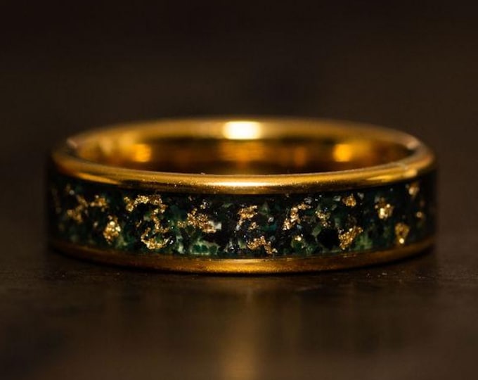 18k Gold Wedding Ring, Moss Agate Inlay, Gold Flakes, Comfort Fit