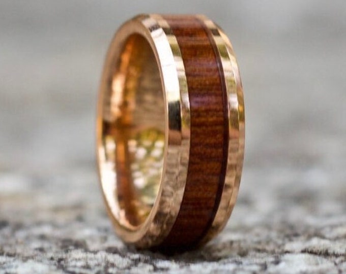 Rose Gold Wood Wedding Ring Engagement Band, Rose Gold Ring for Men, Wood Wedding Band, 18k Rose Gold Ring