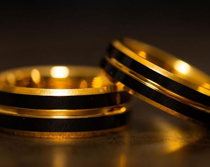Black and Gold Wedding Band for Men, 24k Gold Tungsten Engagement Ring, Black Ring for Men with Gold Trim, Gold and Black Ring, 6mm 8mm