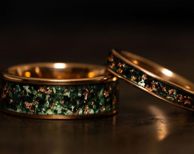 18k Rose Gold Flake Moss Agate Wedding Band Set, His and Her Couples Ring, Moss Agate Ring for Men Women