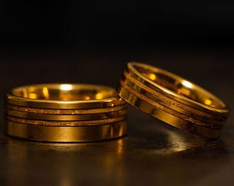 18k Gold Polished Wedding Band with Bourbon Barrel Wood Inlay, 6mm 8mm Gold Tungsten Ring Dual Wood Inserts