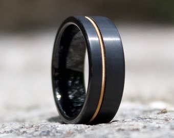 Guitar String Ring, Black Tungsten Wedding Band with Guitar String, Musicians Handmade Jewelry, Black Ring for Guitar Players