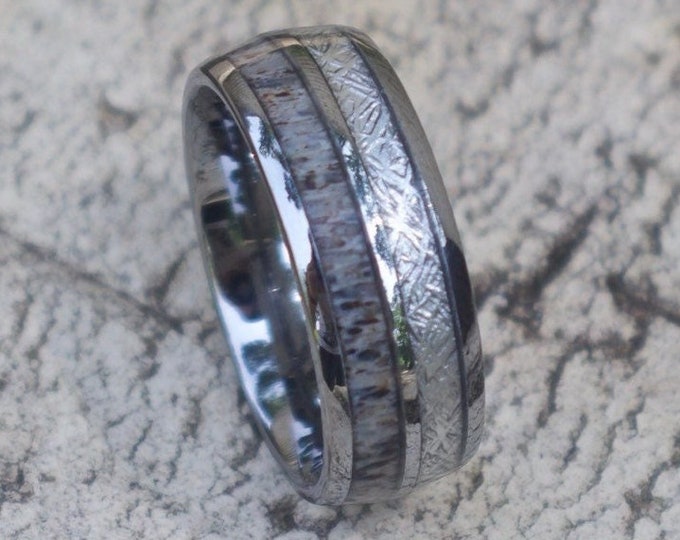 Meteorite Ring with Antler Inlay, Silver Tungsten Wedding Band for Men Women, Meteorite Inlay Ring, Mens Wedding Ring