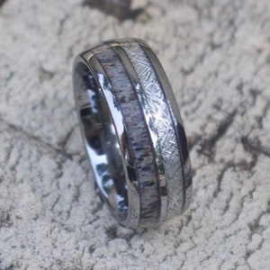 Meteorite Ring with Antler Inlay, Silver Tungsten Wedding Band for Men Women, Meteorite Inlay Ring, Mens Wedding Ring