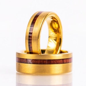 GOLD WEDDING Ring, 18K Yellow Gold Wedding Band, Men's Engagement Ring, Wood Inlay Gold Ring, Gold Tungsten Ring, Men's Wedding Band Gold image 4