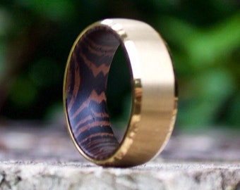 Gold and Black Wedding Band with Wood Inlay, 18k Gold Wedding Band Engagement Ring for Men, Gold Ring for Men, Wood Wedding Band, Wood Ring