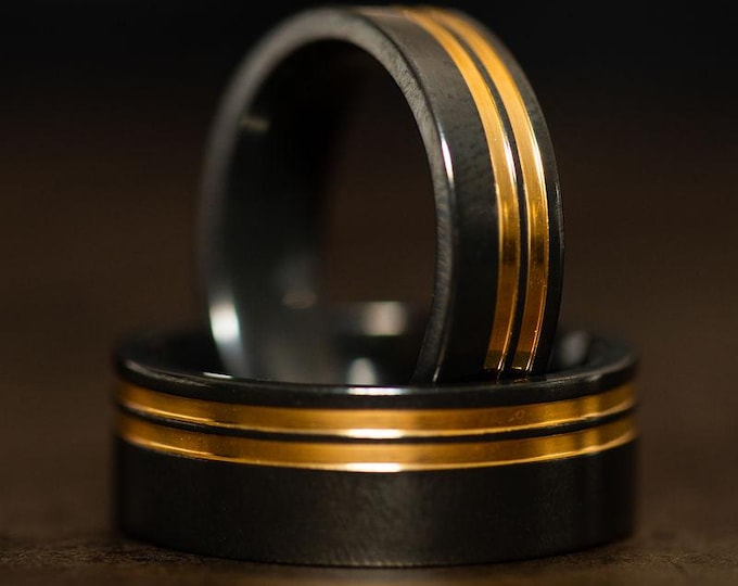 Men's Black Zirconium Wedding Band, 24k Gold Inlay Engagement Ring, Matte Finish