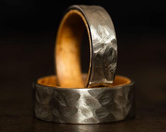 Hand Hammered Titanium Wedding Band, Whiskey Barrel Wood Inlay Ring