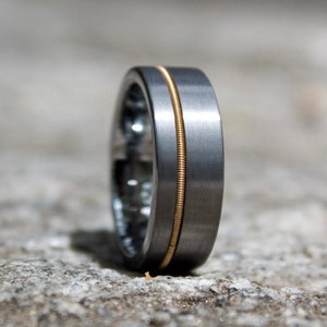 Guitar String Ring, Silver Tungsten Wedding Band, Mens Ring, Guitar String inlay Ring, Wedding Band for Men, Ring for Men, Guitar Jewelry