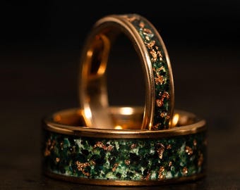 Rose Gold Wedding Band with 24k Rose Gold Flake and Moss Agate Stone, Gold Wedding Ring for Men Women, 4mm 8mm Moss Agate Rose Gold Rings